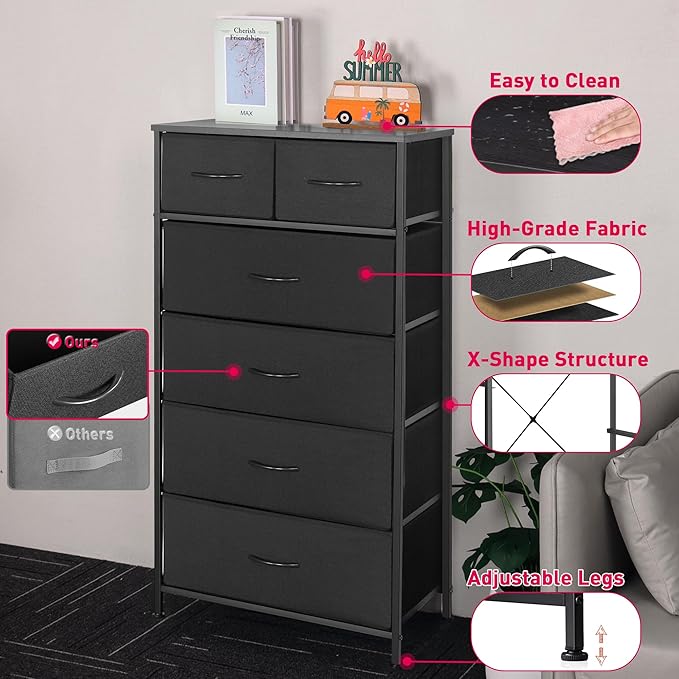Tall Dresser for Bedroom, Vertical Storage Organizer Tower with 6 Drawers, Chest of Drawers with Fabric Bins, Steel Frame, Wood Top for Bedroom, Closet, Entryway- Black