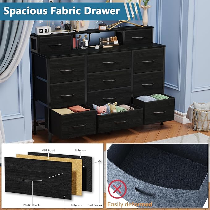 Furnulem Black Dresser for Bedroom with LED Lights & Charging Station,47"W Dressers in Closet,Long Chest with 12 Storage Drawers,TV Stand Fabric Furniture for Hallway,2-Tier Shelf Wood Top,Metal Frame