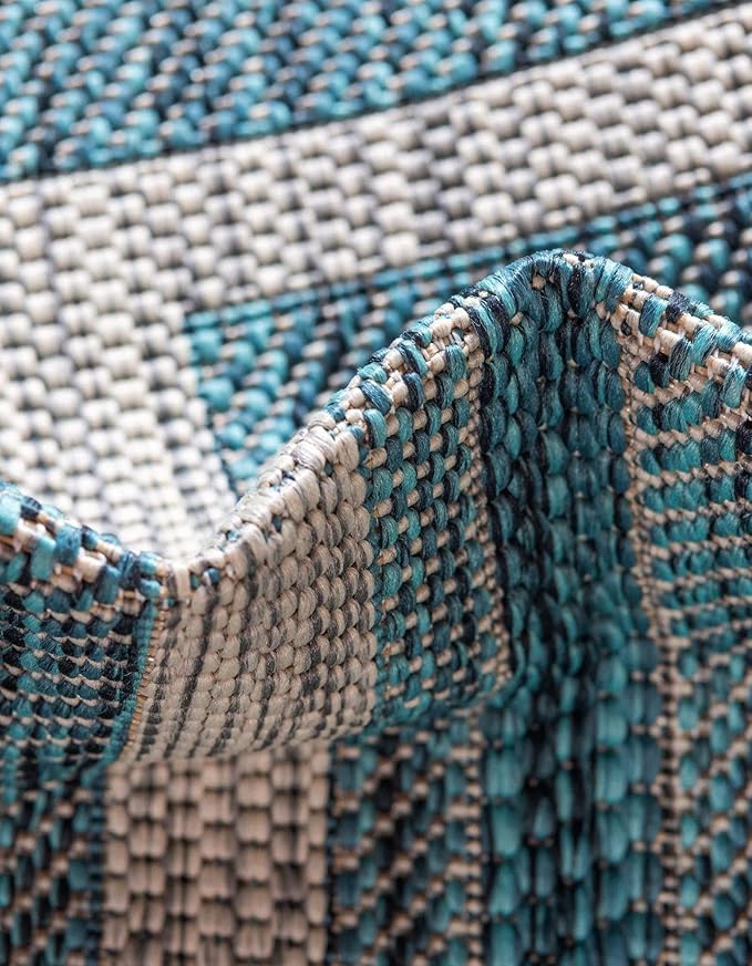Unique Loom Outdoor Border Collection Area Rug - Soft Border (13' Round, Teal/ Ivory)