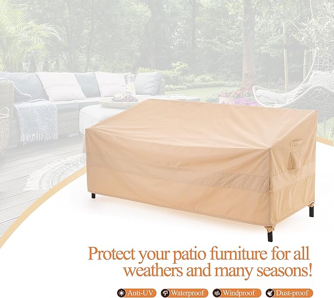 WJ-X3 3-Seater Patio Sofa Cover Waterproof, Heavy Duty Lawn Couch Cover UV Resistant, Porch Furniture Sets Cover Anti-Fading, High Wind Resistant, 93W x 42D x 42H Inches, Beige