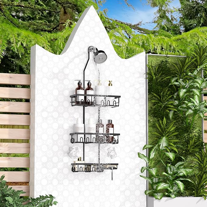 Shower Caddy,Rustproof Shower Shelves Over Shower Head,Extended Length shower rack with Soap Holder,Black