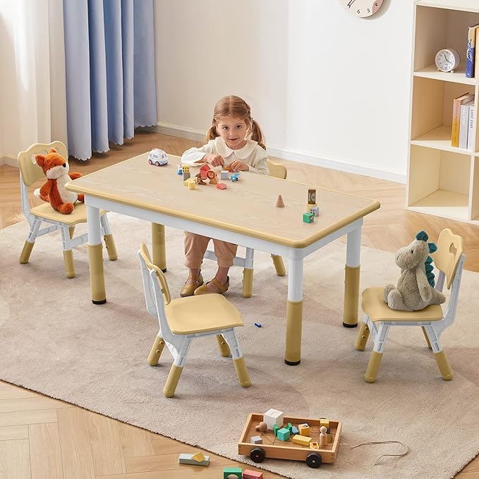 Toddler Table and Chairs Set for 4, 47.2''L x 23.6''W Kids Study Table and Chair Set, Height-Adjustable, Graffiti Desktop, Children Activity Table for Daycare, Classroom, Home
