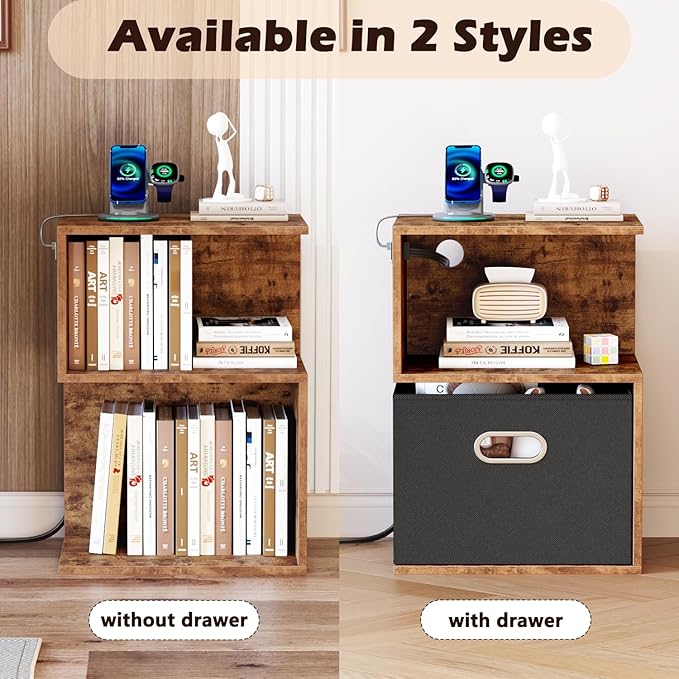 Furologee Nightstand with Charging Station and Drawer, 3 Tier End Table with Open Shelf, Wood S Shaped Bedside Table with Storage for Living Room/Bedroom/Small Space, Rustic Brown
