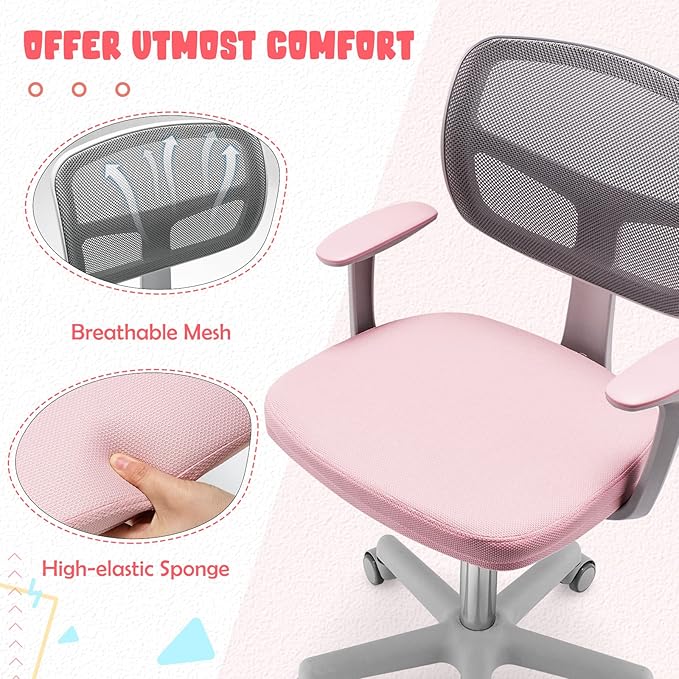 HONEY JOY Kids Desk Chair, Height Adjustable Children Study Chair, Swivel Mesh Task Student Chair, Universal Casters, Child Computer Desk Chair for Boys Girls Age 3-10 (Pink)