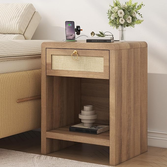 Rattan Nightstand Bedside Table, Nightstand with Charging Station, Boho End Table with Drawer and Storage Shelf, Wood End Tables Night Stand for Bedroom, Small Space, Natural Oak