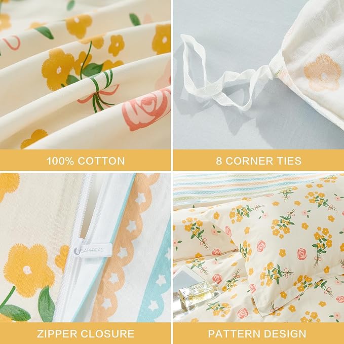SAPHREAS Yellow Floral Duvet Cover Set Garden Style Botanical Bedding Comforter Cover Set 100% Cotton 1 Duvet Cover 68"x90" 1 Pillow Sham, Comforter Not Included