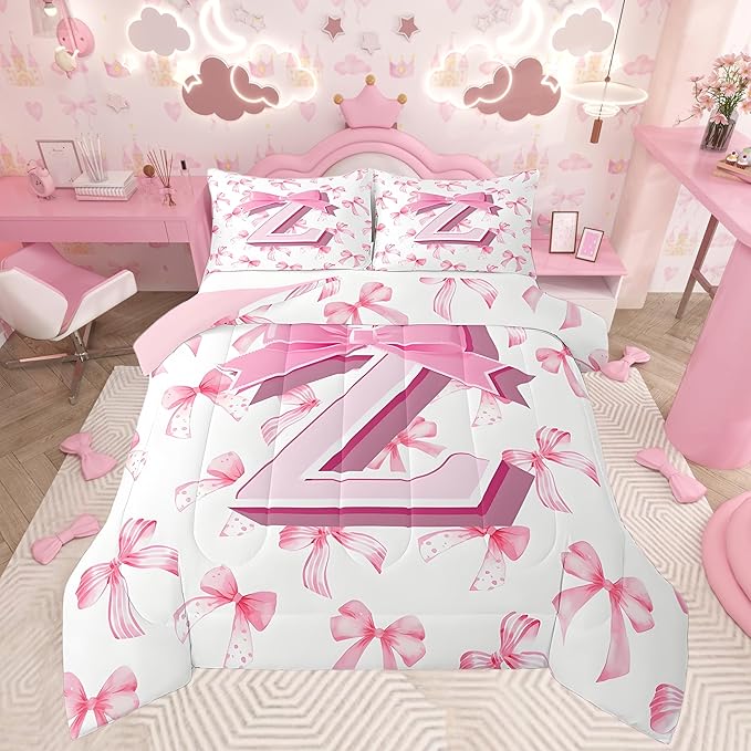 jejeloiu Kids Girls Cute Pink Bow Comforter Set Full Size Monogrammed Bedding Set Ultra Soft Personalized Initial Z Duvet Quilt Coquette Bow Knot Quilt Set Room Decor Modern Fashion Comforter
