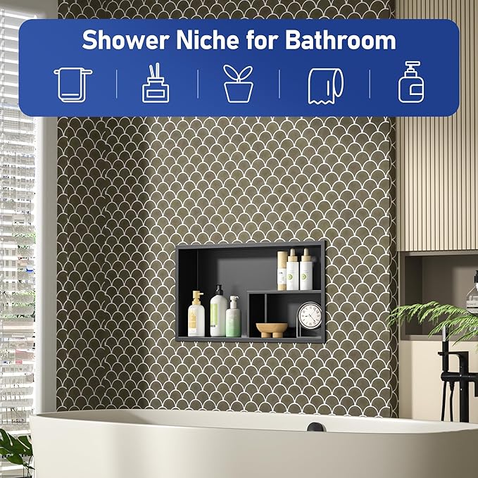 Stainless Steel Shower Niche 12"×24" Matte Black No Tiled Needed Horizontal Niche Shower for Bathroom Wall Recessed Shower Shelf