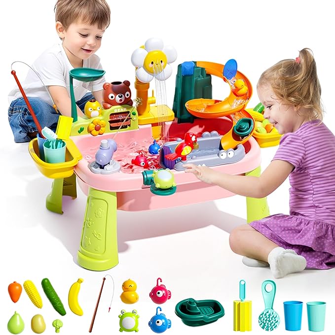 Upgraded Toddler Sand Water Table Toy with Electric Water Pump, Kids Sand Water with Faucet/Play Food Accessories/Fishing Toy, Kitchen Play Sink Toys for Girl Boy Age 3+
