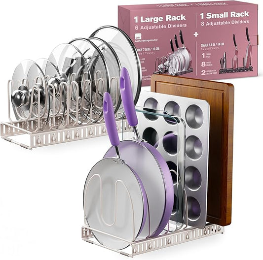 14 Compartments, 1 Large x 1 Compact Dual Rack Set - Pot and Pan Organizer Rack for Cabinet – Pot Lid Organizer for Kitchen Under Sink Drawer Pantry (White Sand, DUO SET)