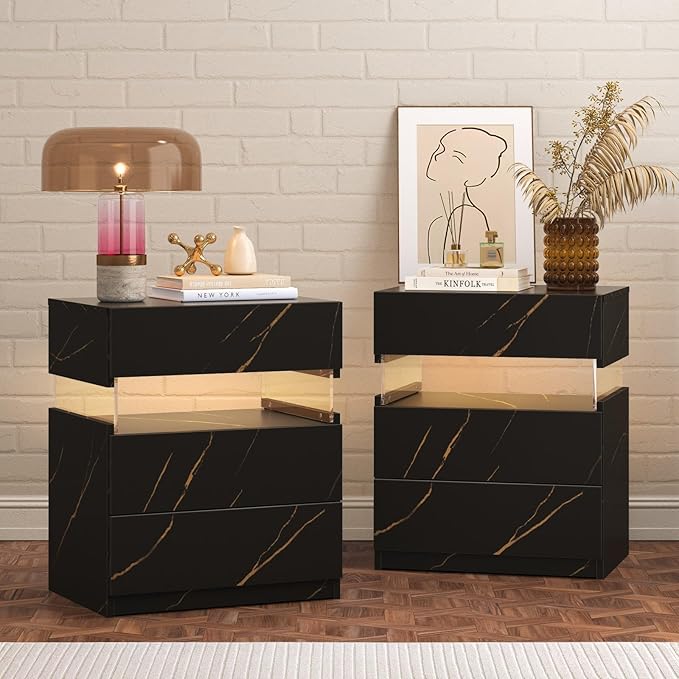Bingoday LED Nightstands Set of 2 with 3 Drawers LED Bedside Tables Modern Night Stand with Acrylic Board Night Stand Set 2 for Bedroom