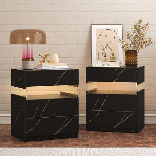 Bingoday LED Nightstands Set of 2 with 3 Drawers LED Bedside Tables Modern Night Stand with Acrylic Board Night Stand Set 2 for Bedroom