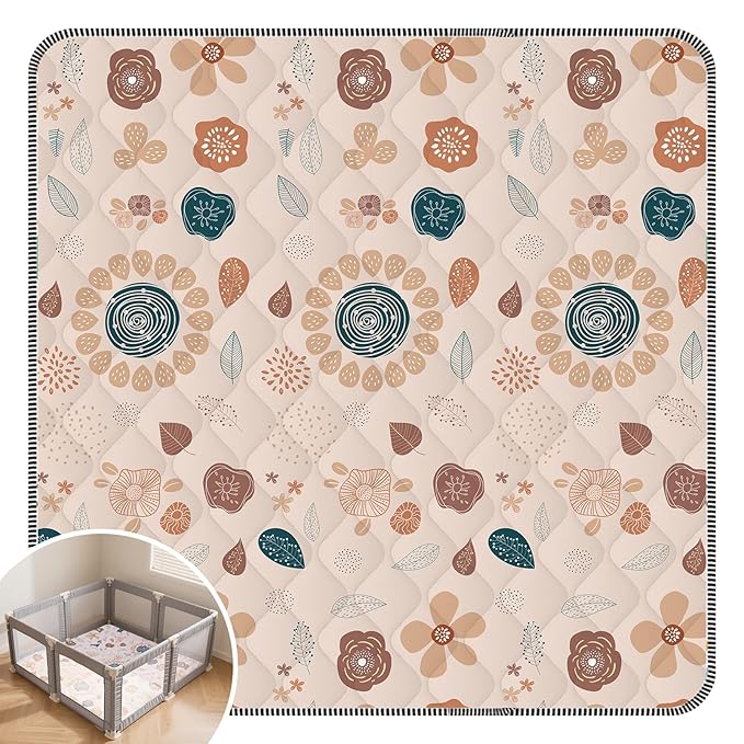 Baby Play Mat for Floor,50x50 Inch Soft Padding Crawling Mat for Playpen, Foldable and Machine Washable, Thick for Babies & Toddlers,Boho Flower