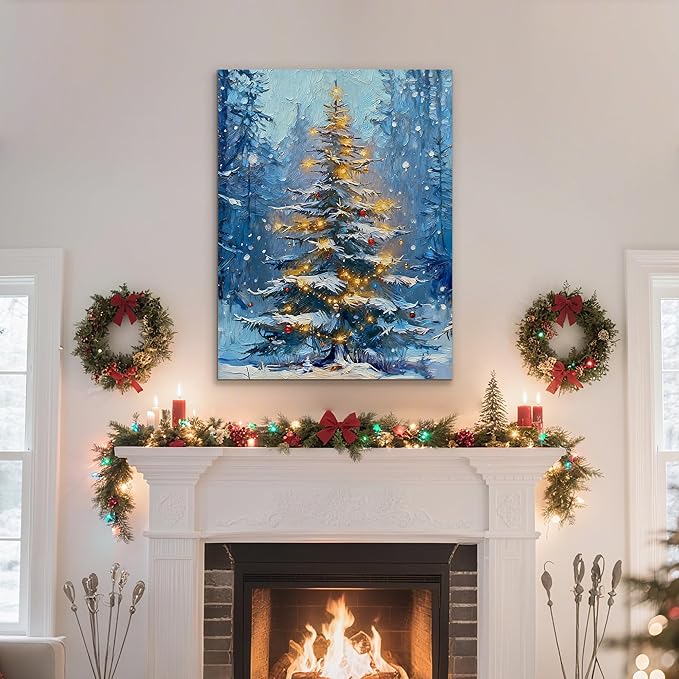 Framed Christmas Pictures Wall Decor,Vintage Pine Tree Prints,Winter Christmas Canvas Wall Art Decoration for Bedroom Bathroom Living Room Rustic Xmas Holiday Gifts (Christmas Tree 1, 24'' X 36'')