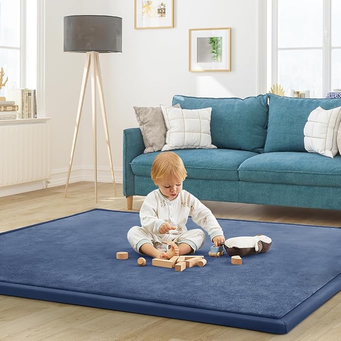 Baby Play Mat for Floor Tummy Time Nursery Muscle Mat Area Rug Playroom Tatami 79"x138" Memory Foam 1.3" Thick Crawling For Babies,Toddlers, Infants, Kids,Floor(Blue)