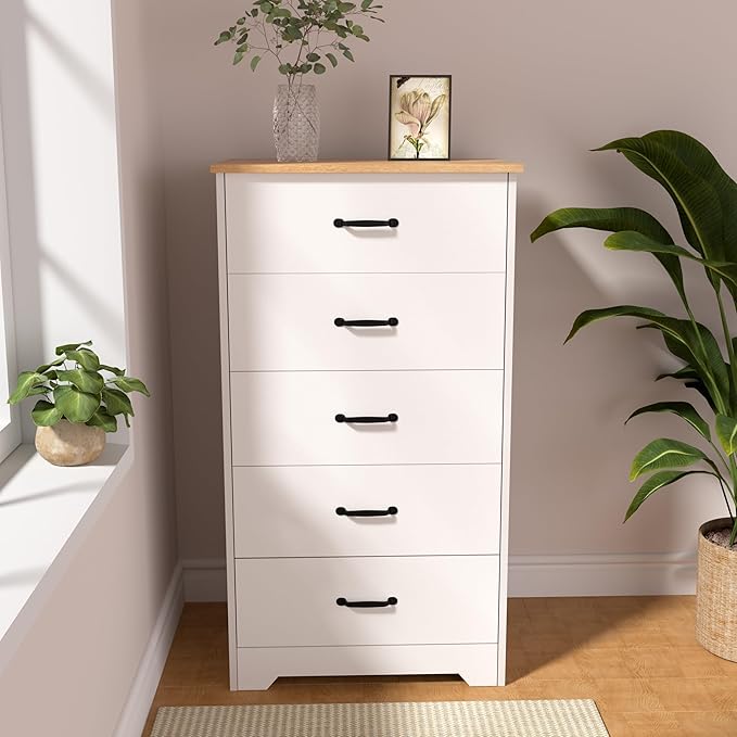 Farmhouse 5 Drawer Dresser, Small Wooden Chest of Drawers Classic White Dresser for Bedroom Living Room Entryway (White, 5 Drawer)