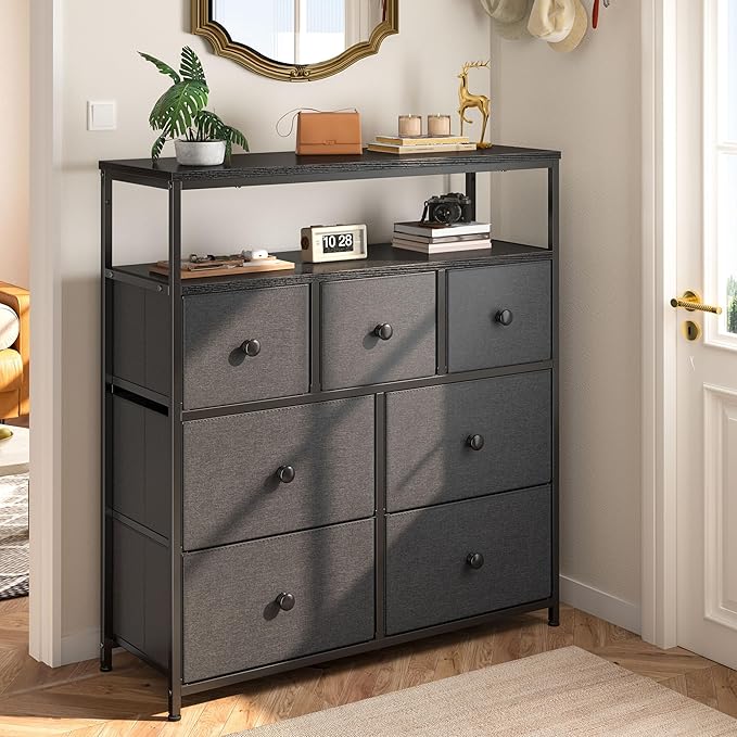 EnHomee Tv Stand for Bedroom with 7 Fabric Dressers and 2 Shelves，Dressers & Chests of Drawers for Closet，Hallway，Entryway，Dormitory，Clothes Storage，Grey