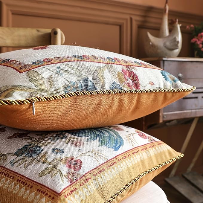 patdrea Designer Pack of 2 Square Throw Pillow Covers,Farmhouse Pink and Yellow Linen with Floral Pattern Pillows Cover,Decorative Pillowcases Cushion for Bed Living Room Outdoor Car,18"x18"