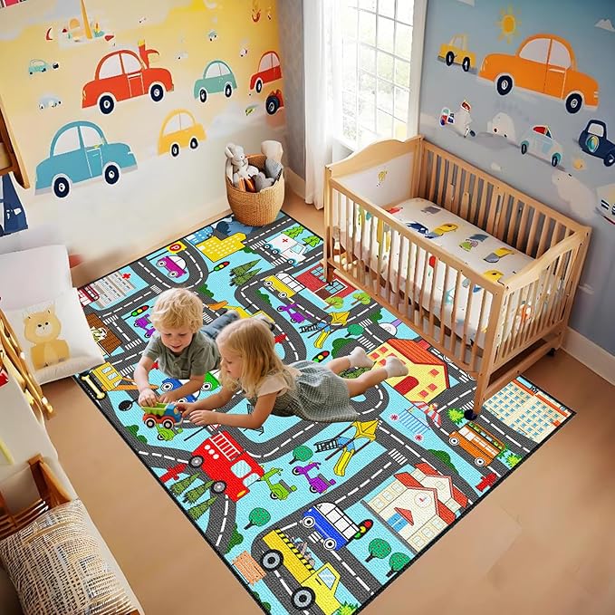 Car Mat for Kids Toy Cars - Car Track Rug Car Carpet for Kids Play Mat City Life Road Rug for Playroom Living Room Bedroom Classroom, 4'5''×6'