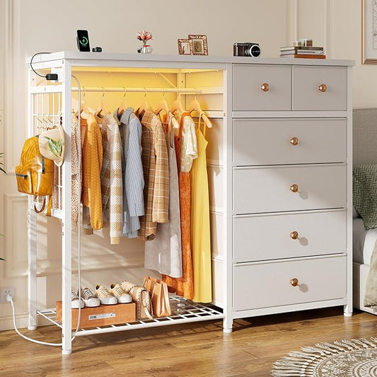 EnHomee 49.2" W White Dresser for Bedroom with Hanging Rack, 6 Drawers Dresser with LED Lights & Charging Station, Fabric Dressers & Chest of Drawers with Clothes Rack, Wooden Top, Grid Panel, Closet
