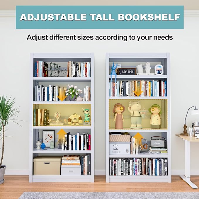 Bookshelf,6-Tier Adjustable Steel Book Shelf,61" H Heavy Duty Metal Bookcase for Home/Office/Garage,White Shelf (White, 61" Tall)