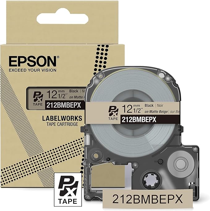 Epson LABELWORKS 212BMBEPX Genuine PET (Polyester) Tape Cartridge - Black on Matte Beige Designer Craft Label Maker Tape - 1/2" (12MM) Wide, 26'