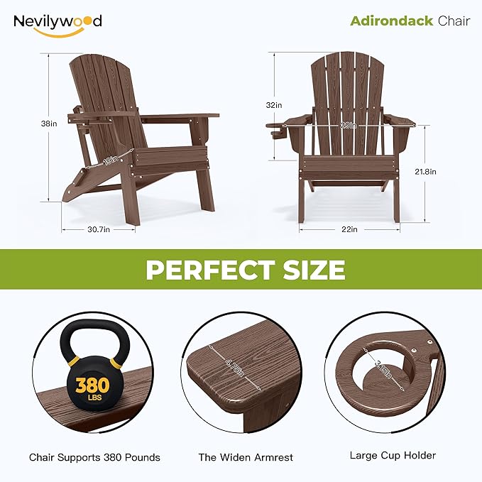 nevilywood Folding Adirondack Chair with Cup Holder, HDPE Patio Chairs, All-Weather Outdoor Chairs for Backyard, Deck, Fire Pit-Coffee