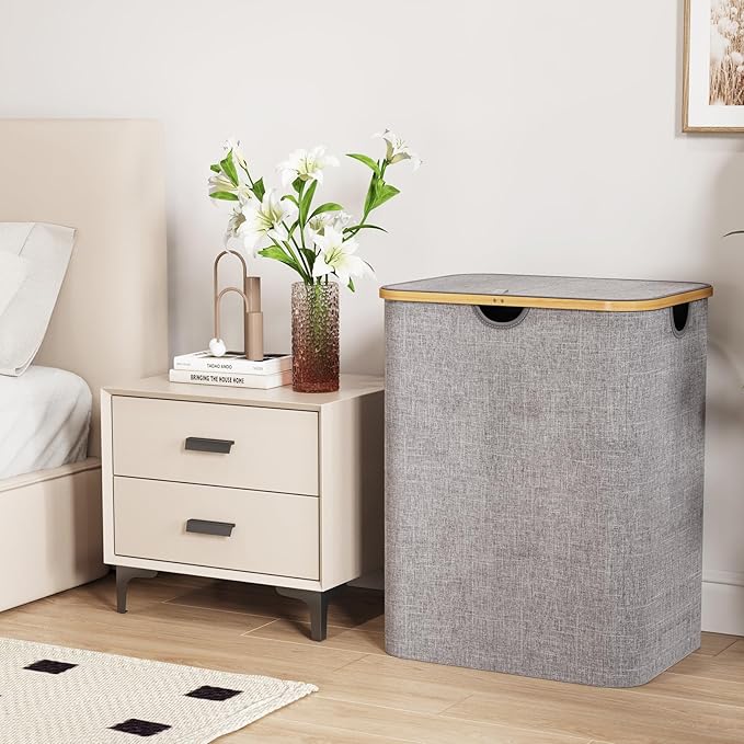 Lifewit 120L Laundry Basket with Lid, Clothes Hampers with Bamboo Handles and A Removable Bag, Large Foldable Laundry Hamper for Bedroom, Bathroom, Dorm, Light Gray