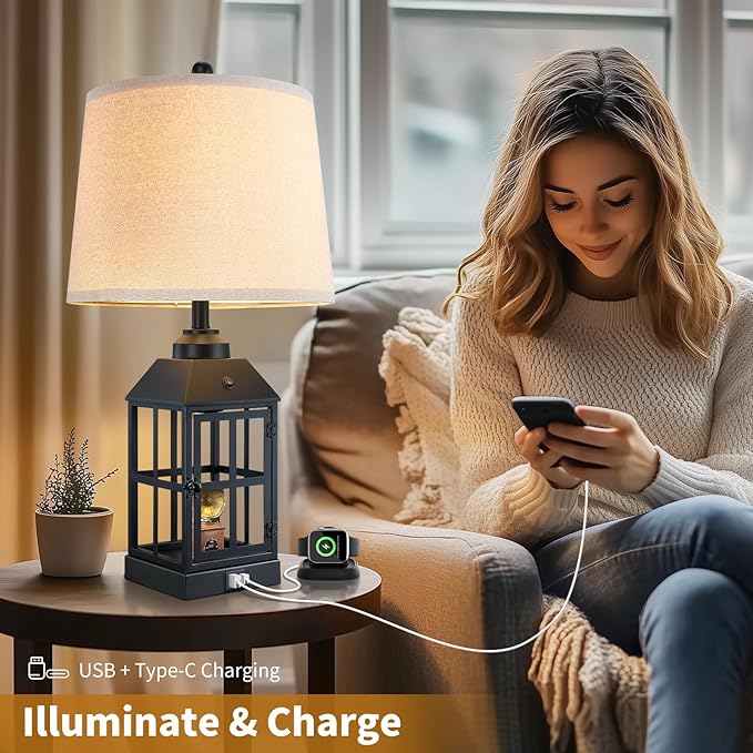 25" Farmhouse Table Lamp for Living Room, Black Lamp with USB Port and Nightlight, Rustic Table Lamp for Bedroom, Bedside Lamp for Nightstand, End Table, Home, Office, LED Bulb Included