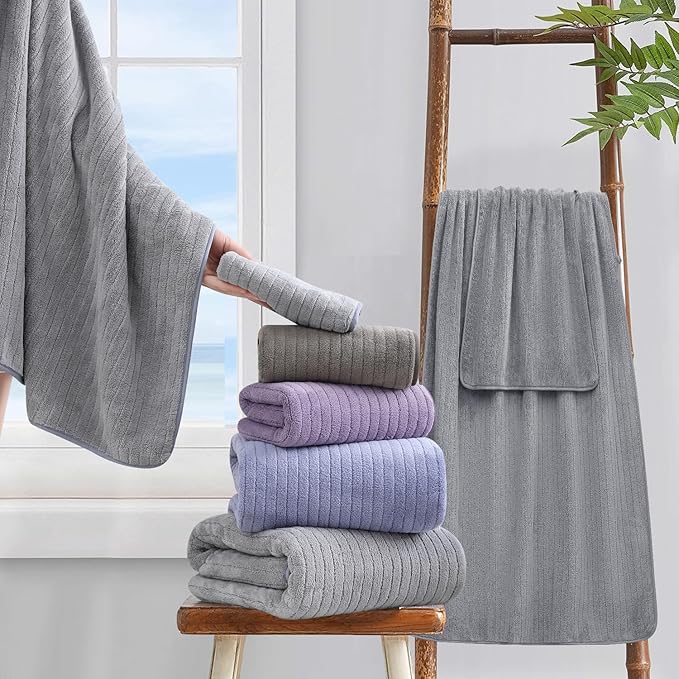 18 Piece Bath Towels Set,Ultra Soft Family Bathroom Towel Set with Hanging Loops-6 Bath Towels,6 Hand Towels,6 Washcloths,Highly Absorbent Quick Dry Shower Towel for Bathroom,Hotel,Spa-Grey Towel Set