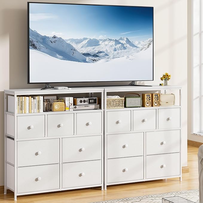 EnHomee Dresser for Bedroom with 7 Drawers and 2 Shelves,Tv Stand for Bedroom White Fabric Dresser for Closet,Hallway,Entryway,Dormitory