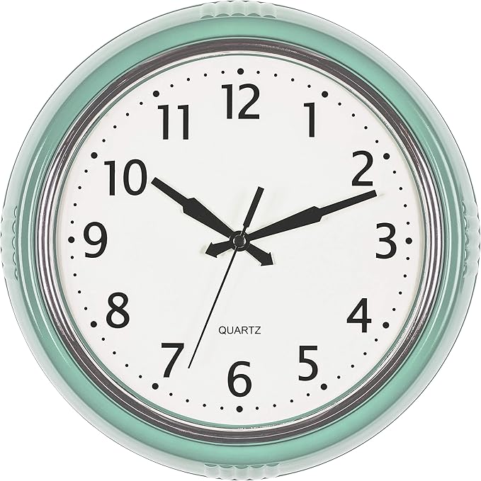 Bernhard Products Retro Wall Clock 9.5 Inch Green Kitchen 50's Vintage Design Round Silent Non Ticking Battery Operated Quality Quartz Clock (Seafoam Green)