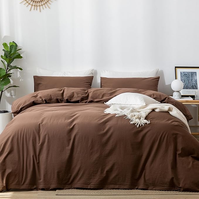 MooMee Bedding Duvet Cover Set 100% Washed Cotton Linen Like Textured Breathable Durable Soft Comfy (Solid Cocoa Brown, Super Queen 90"x98")