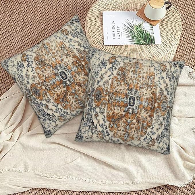 Boho Throw Pillow Covers 24x24 Set of 2, Ethnic Carpet Pattern Pillow Covers Gold Blue Rustic Farmhouse Cushion Cases Linen Decorative Gifts for Couch Sofa Indoor Outdoor