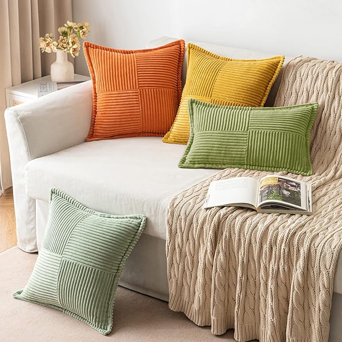 MIULEE Green Corduroy Decorative Euro Sham Pillow Covers 24x24 Inch with Splicing Set of 2 Soft Boho Pillow Covers Broadside Textured Summer Pillowcases for Couch Bed Livingroom