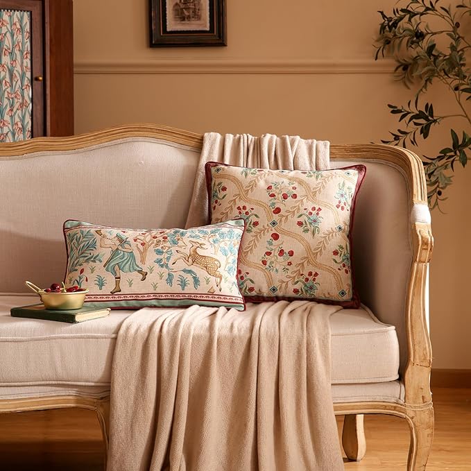 patdrea Designer Pack of 2 Rectangle Throw Pillow Covers,Farmhouse Vintage Linen with Beige Ancient Idyll Pattern,Decorative Lumbar Pillowcases Cushion for Bed Living Room Outdoor Car,12"x20"