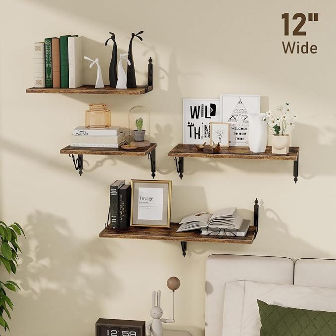 Deep Floating Shelves, 31" W x 12" D Wall Shelves Set of 2, Wide Display Shelf Wall Mounted with Brackets, Bookshelf for Living Room, Bathroom, Bedroom, Rustic Brown