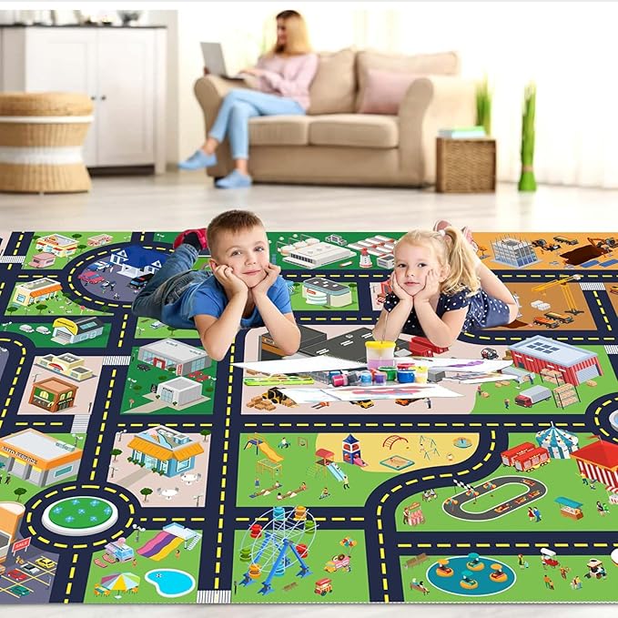 Kids Rug Playroom Car Rug Play Mat City Life Road Rug for Cars Fun City Map for Track Toys,Carpet for Bedroom Boys (city01, 4×6ft/47×70in)