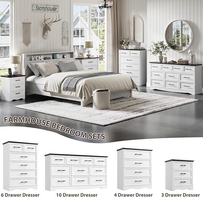 Farmhouse Nightstand with Charging Station, White Wood Bedside Table & End Table with 3 Drawers and Unique Base Design, Side Table Storage Cabinet with Metal Handles for Bedroom, Living Room