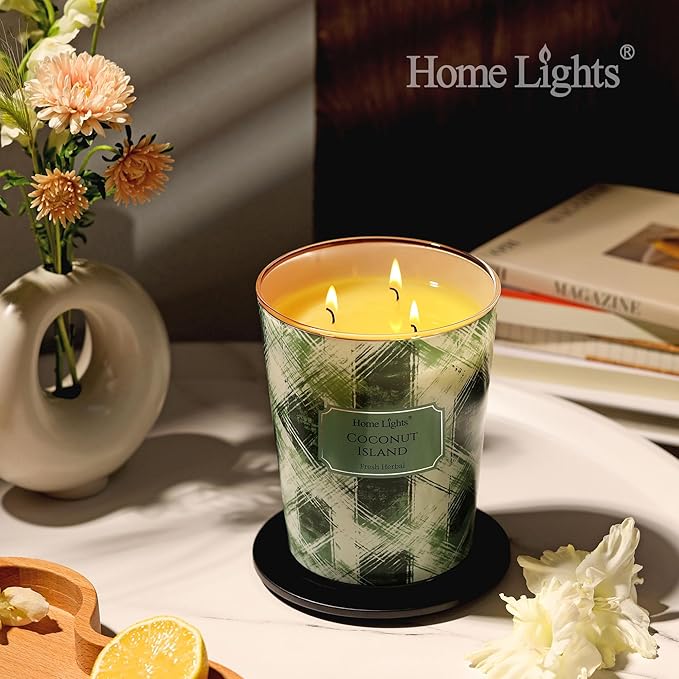HomeLights 3-Wick Candles for Home Scented - 34oz Soy Wax Blend Candle Long-Lasting Fragrance, Scandinavian Minimalist Design Home Decor and Housewarming Gifts, Coconut Island