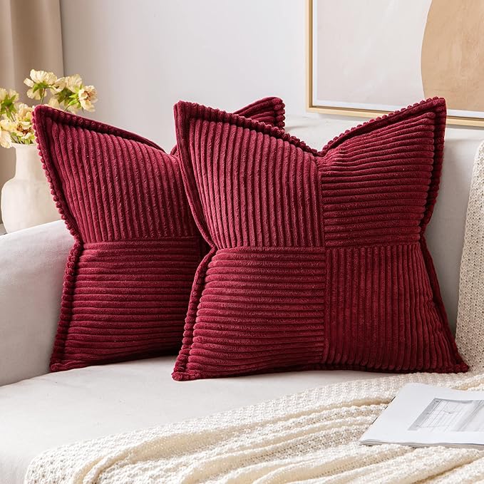 MIULEE Christmas Decorative Throw Pillow Covers for Couch Bed Livingroom 20x20 Inch Set of 2 Burgundy Boho Accent Throw Pllows Broadside Striped Patchwork Soft Corduroy Pillowcases