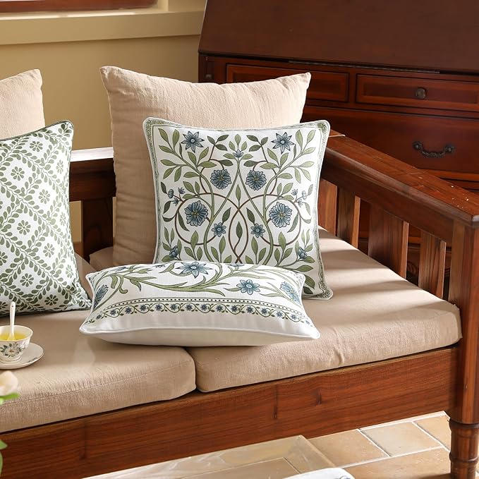 Design Fresh Linen Lumbar Throw Pillow Covers 12"x20" Pack of 2, French White Cottage Cushion Covers with Green Branches Pattern Decoration Pillowcases for Bed,Living Room,Outdoor,Car