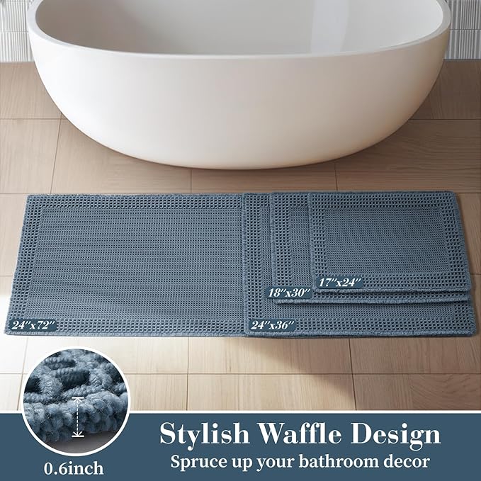 RESARE Waffle Bath Rug for Bath, Super Absorbent Non Slip Machine Washable, Ultra Soft Boho Rug with Tassels, Upgraded Design, 18"x30" Blue