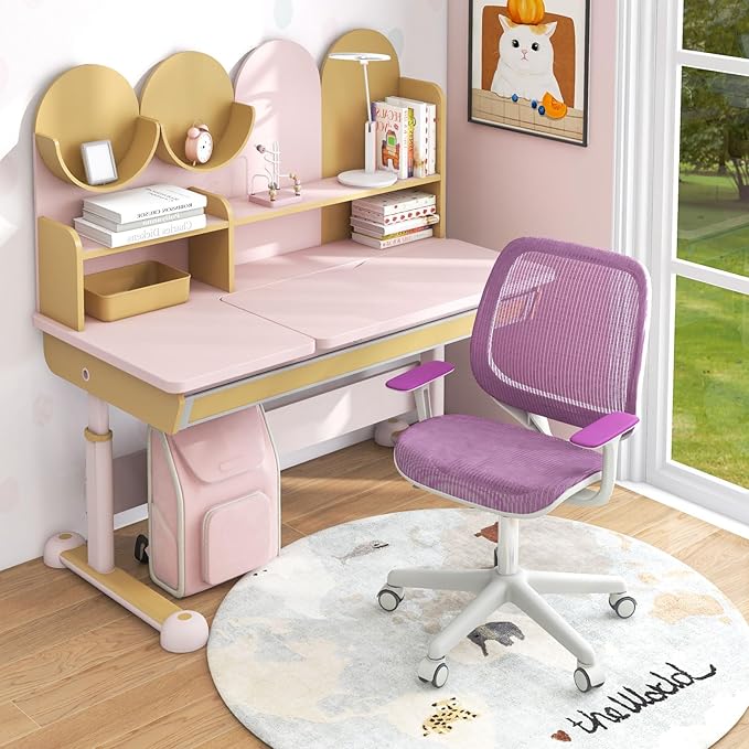 Costzon Kids Desk Chair, Height Adjustable Children Study Computer Chair with Armrests, Sit-Brake Casters, Swivel Mesh Task Chair for Boys Girls Teens Students, Kids Chair for Home, Office (Purple)