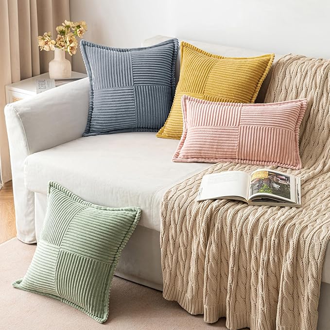 MIULEE Decorative Lumbar Throw Pillow Covers for Couch Bed Livingroom 12x20 Inch Set of 2 Dustyblue Boho Accent Throw Pllows Broadside Striped Patchwork Soft Corduroy Pillowcases
