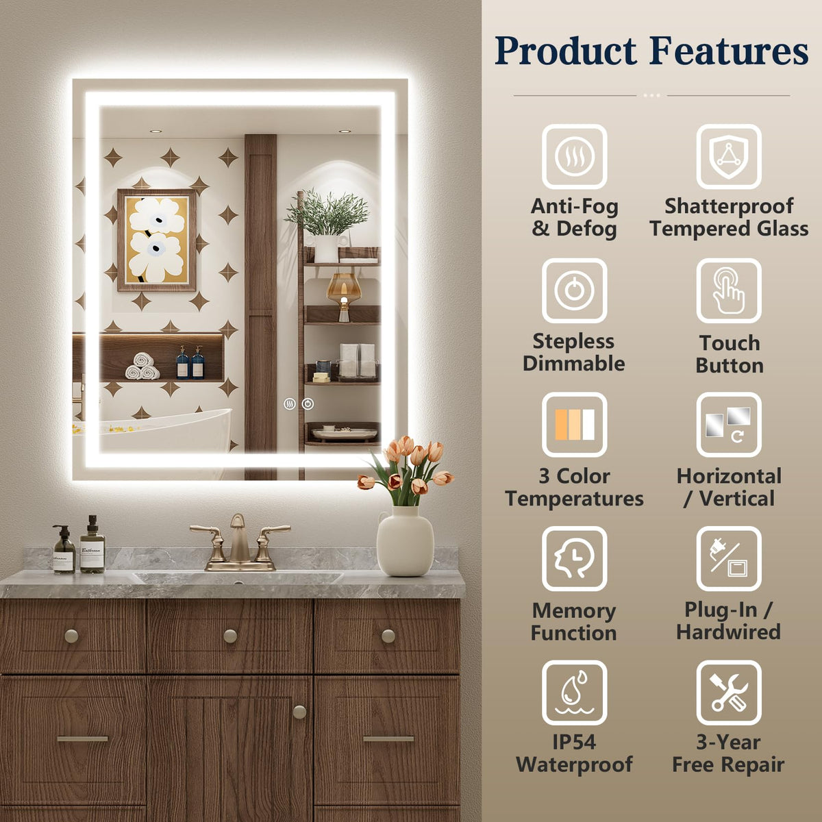 VEEYLOS 32x32 Inch LED Bathroom Mirror with Lights, Backlit & Front Lit