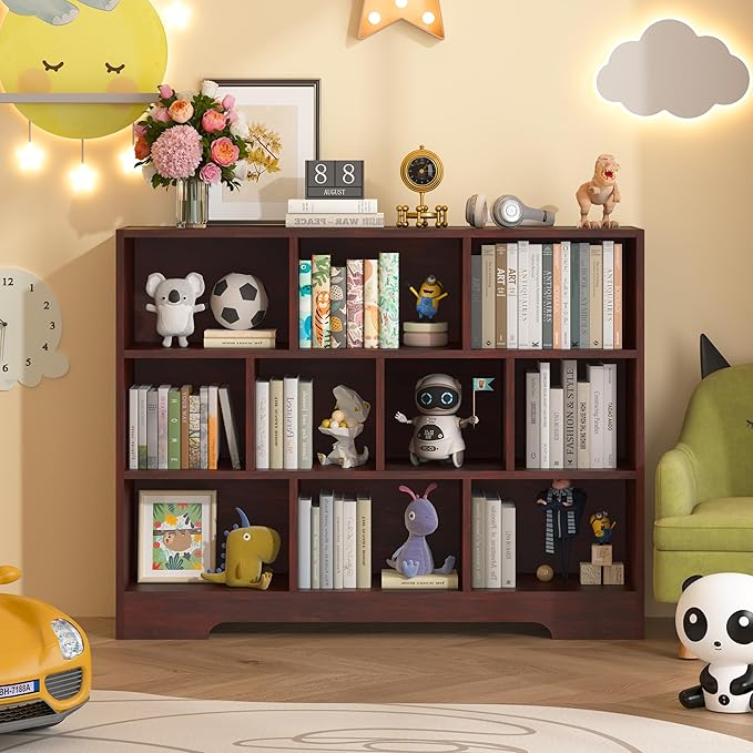 Book Shelf for Kids, 10 Cubes Storage Organizer Montessori Bookshelf, 3-Tier Wooden Kids Bookcase, Toy Storage Organizer for Children, Cherry Toddler Bookshelf Cube Shelf for Kid’s Room, Classroom