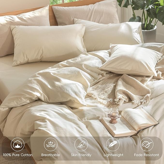 MooMee Bedding Duvet Cover Set 100% Washed Cotton Linen Like Textured Breathable Durable Soft Comfy (Heathered Almond Milk Grey, Alaska King 132"x120")