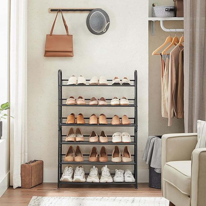 SONGMICS Shoe Rack, 3 Tier Shoe Organizer for Closet, Holds up to 12 Pairs of Shoes, Shoe Rack for Front Door Entrance, Metal Shoe Shelf with Adjustable Tilt Angle, for Entryway, Garage, Black
