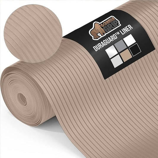 GORILLA GRIP DuraGuard Shelf Liner, Non-Adhesive Cabinet Liners for Kitchen Drawers, Shelves, Refrigerator, Pantry Storage, Bathroom Closet, Durable Waterproof BPA Free Ribbed Plastic, 12x10 Beige